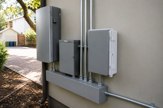 Secure outdoor electrical boxes installed for an Inverter and Backup Battery Installation in Addis Ababa.
