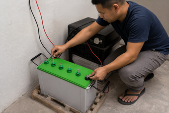 Technician wiring a backup battery system for Inverter and Backup Battery Installation in Addis Ababa.