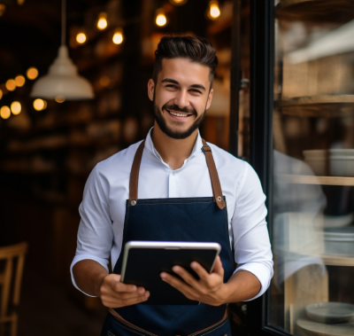 Man in apron smiles, holding a tablet in a restaurant doorway.