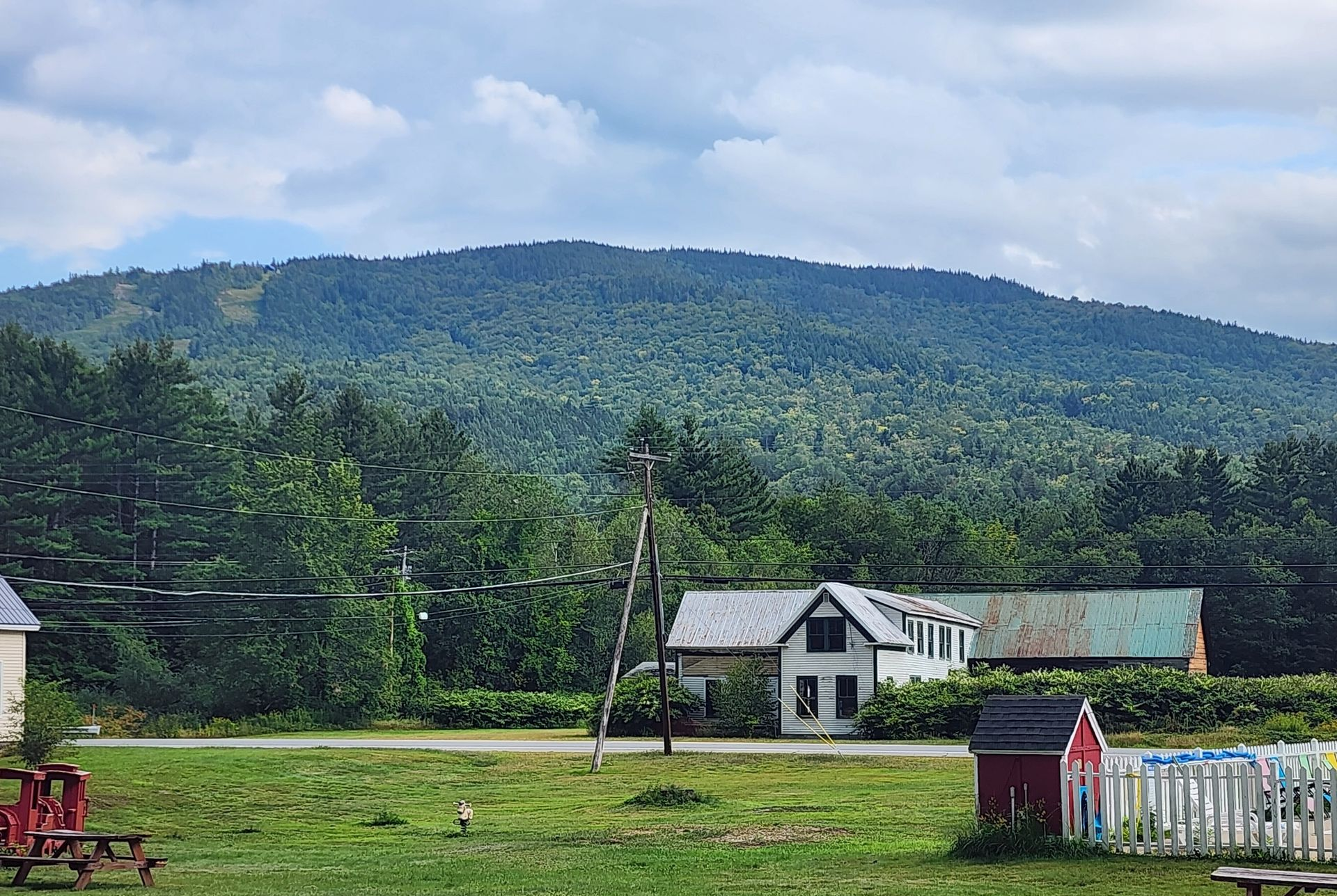 Rural houses and a red fence in a green field beneath a forested hill and cloudy sky