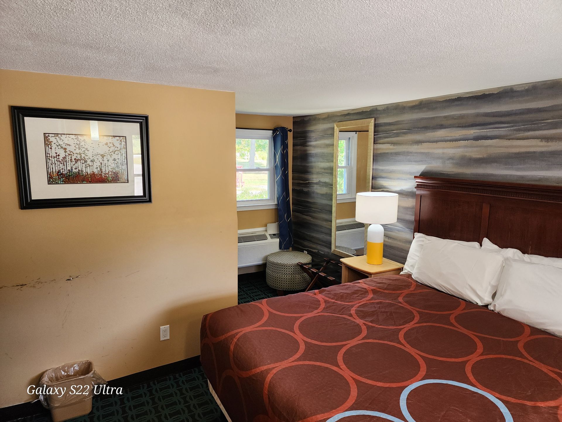 Small hotel room with bed, window, door, wall-mounted TV, and microwave on a dresser.