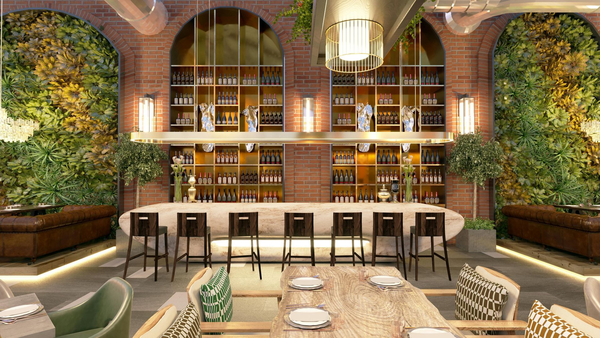Elegant restaurant bar with brick walls, tall windows, shelves of bottles, and a white marble counter