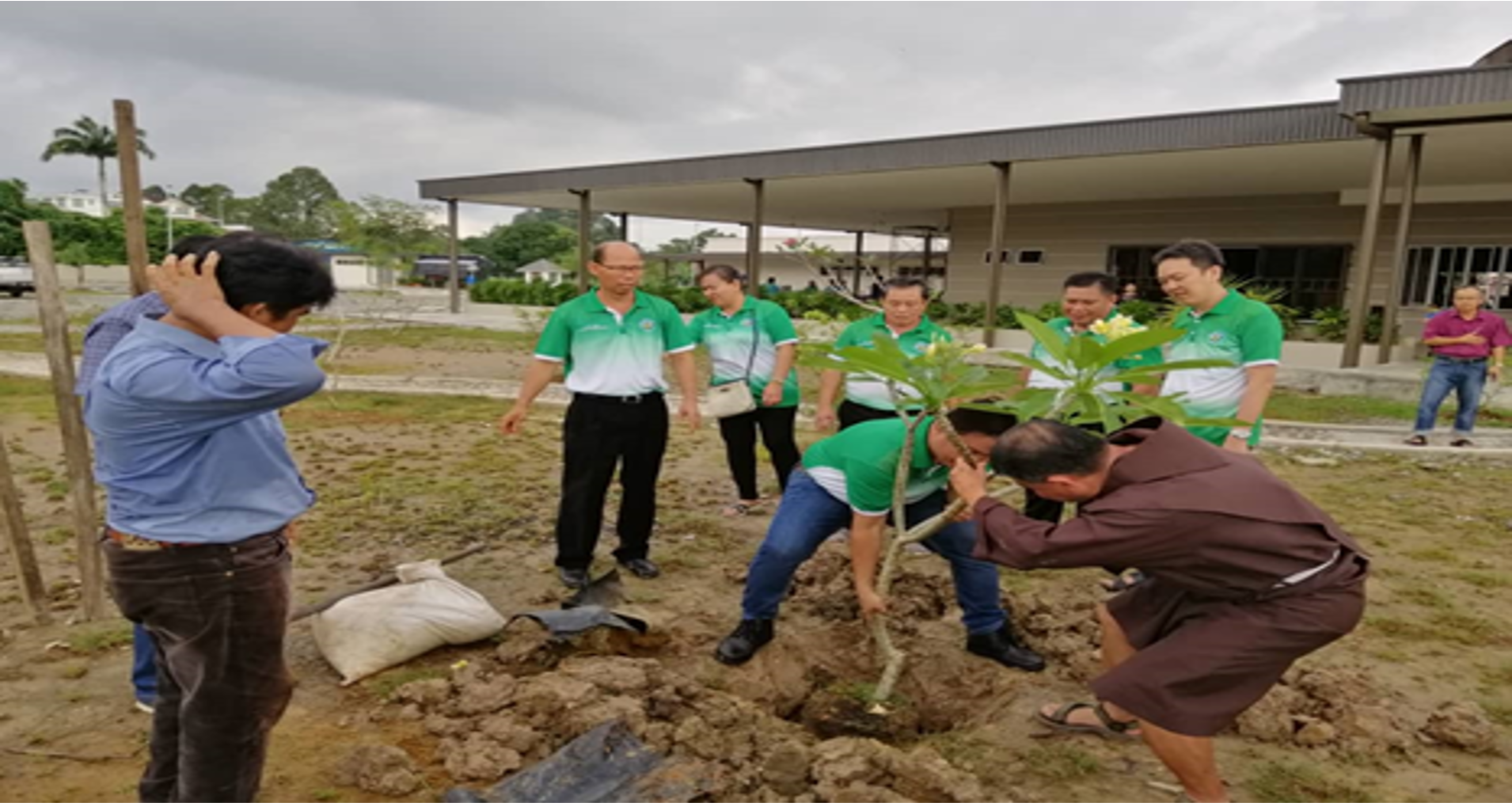 People planting a tree outdoors; several in green shirts, one in brown robe, others watching near a building.
