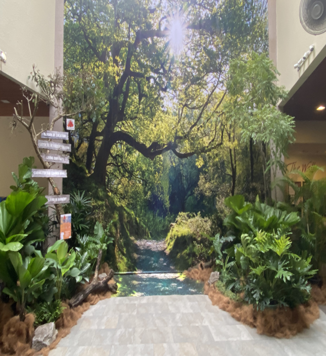 Indoor exhibit: forest mural with real plants. Pathway leads into depicted stream.