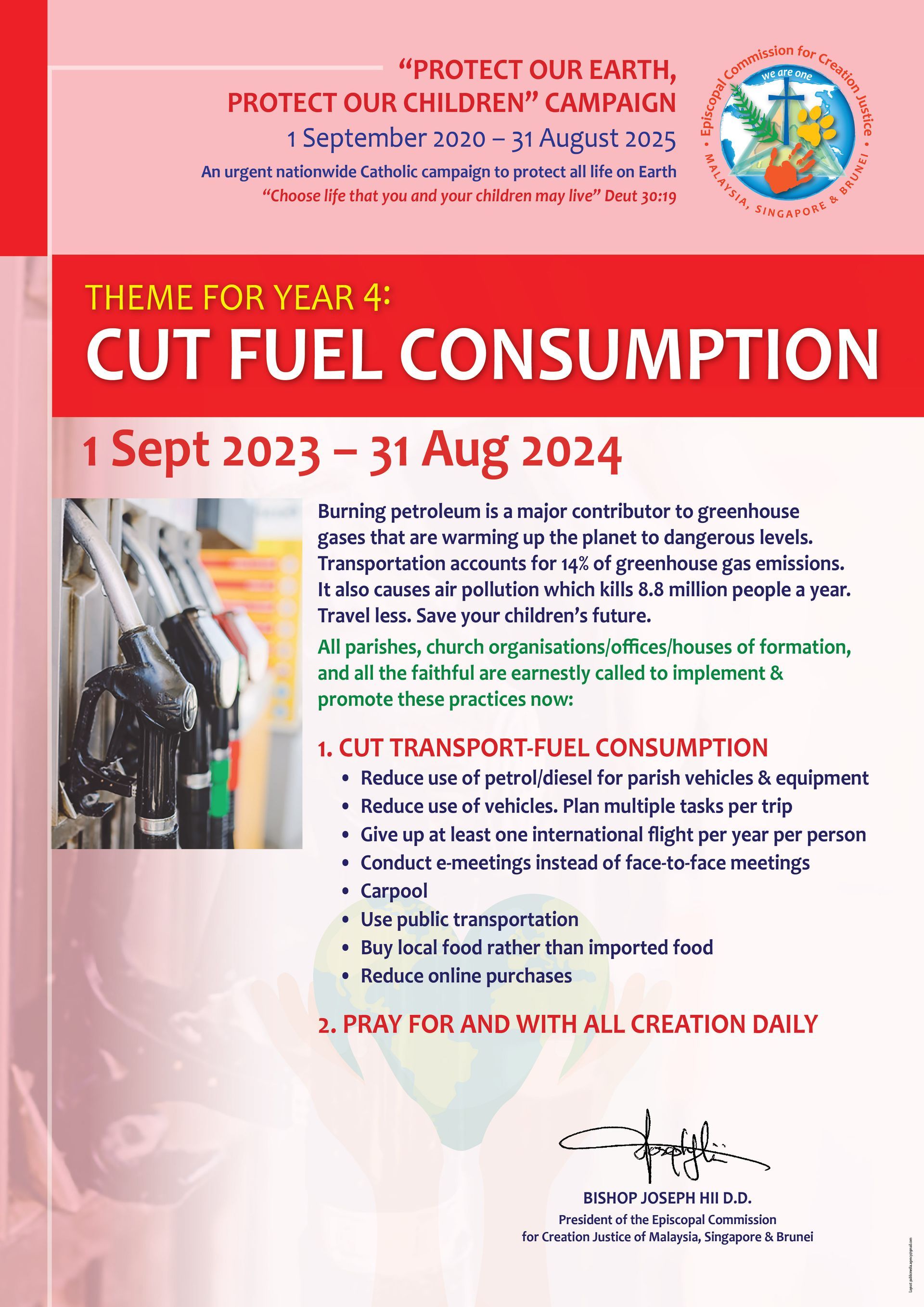 Poster advocating for reduced fuel consumption, dated September 2023 - August 2024.