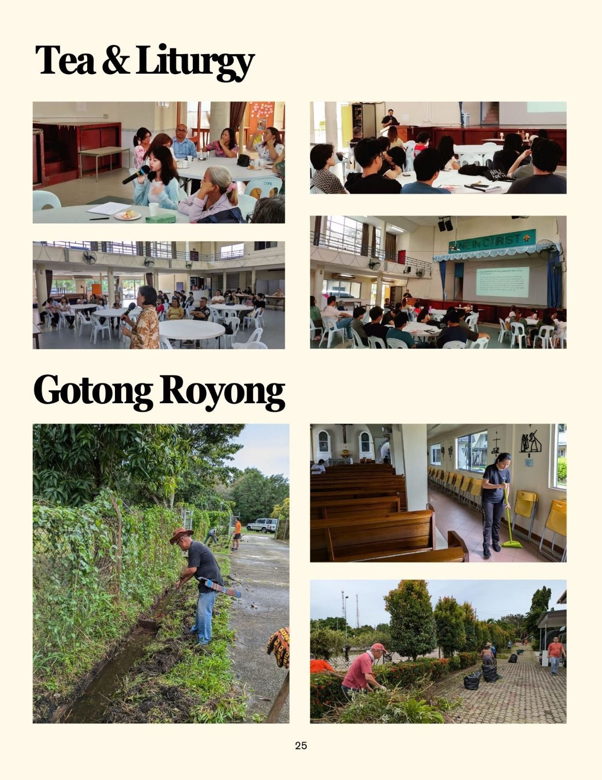 Photos of community events: tea and liturgy, and people participating in Gotong Royong.