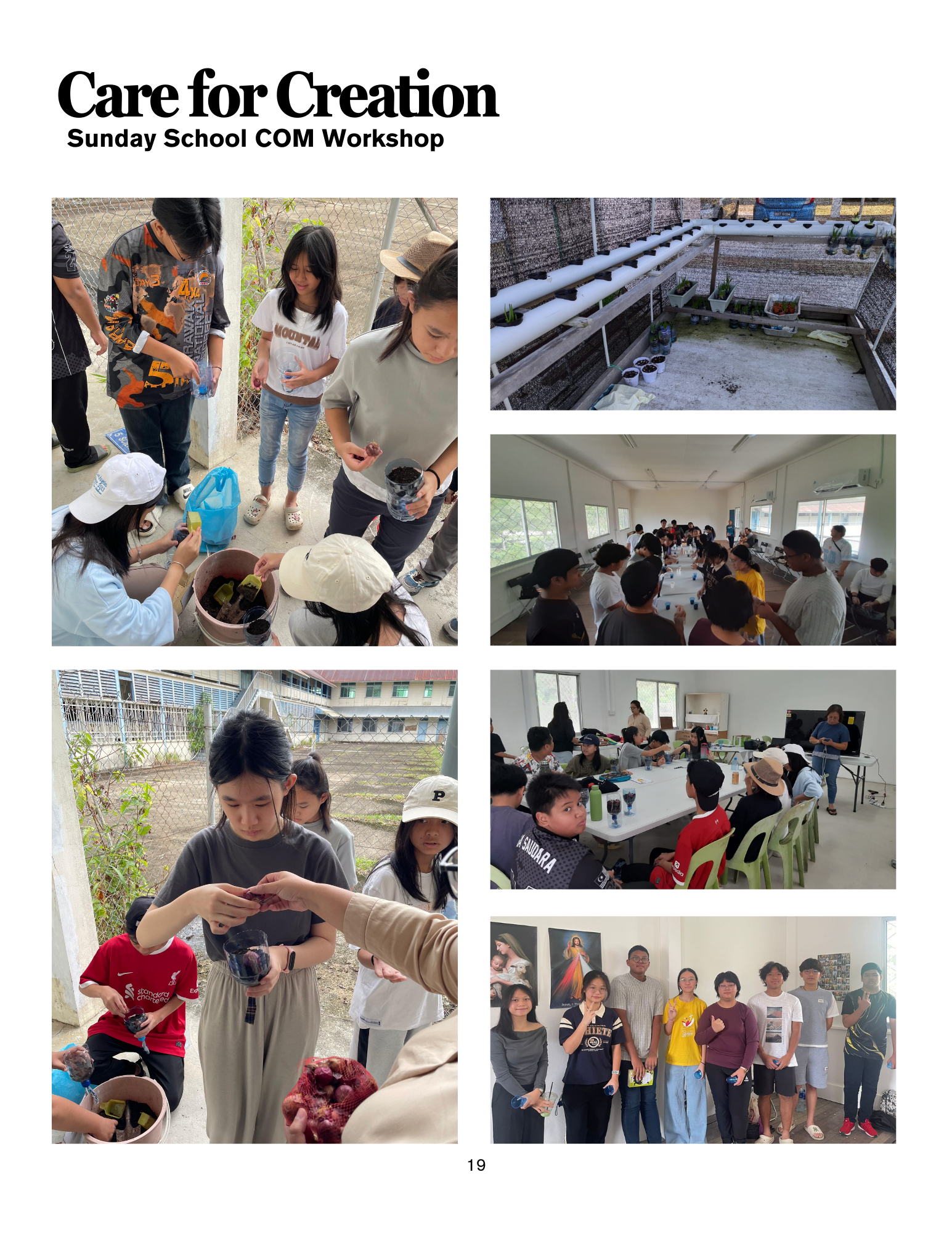 Students in workshop on caring for creation: planting, observing, and discussing, indoors and outdoors.