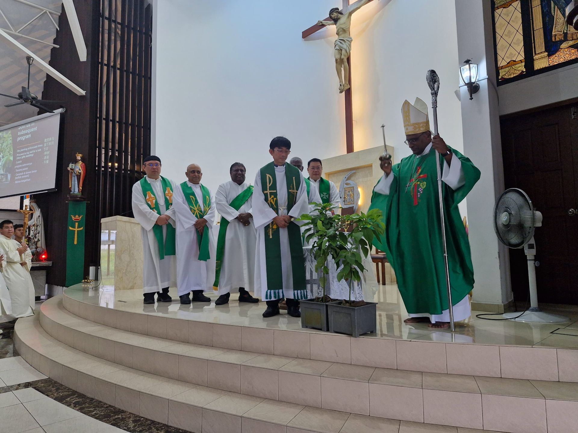 Clergy in green robes on a church stage, a tree in front. A man in a bishop's outfit blesses the tree.