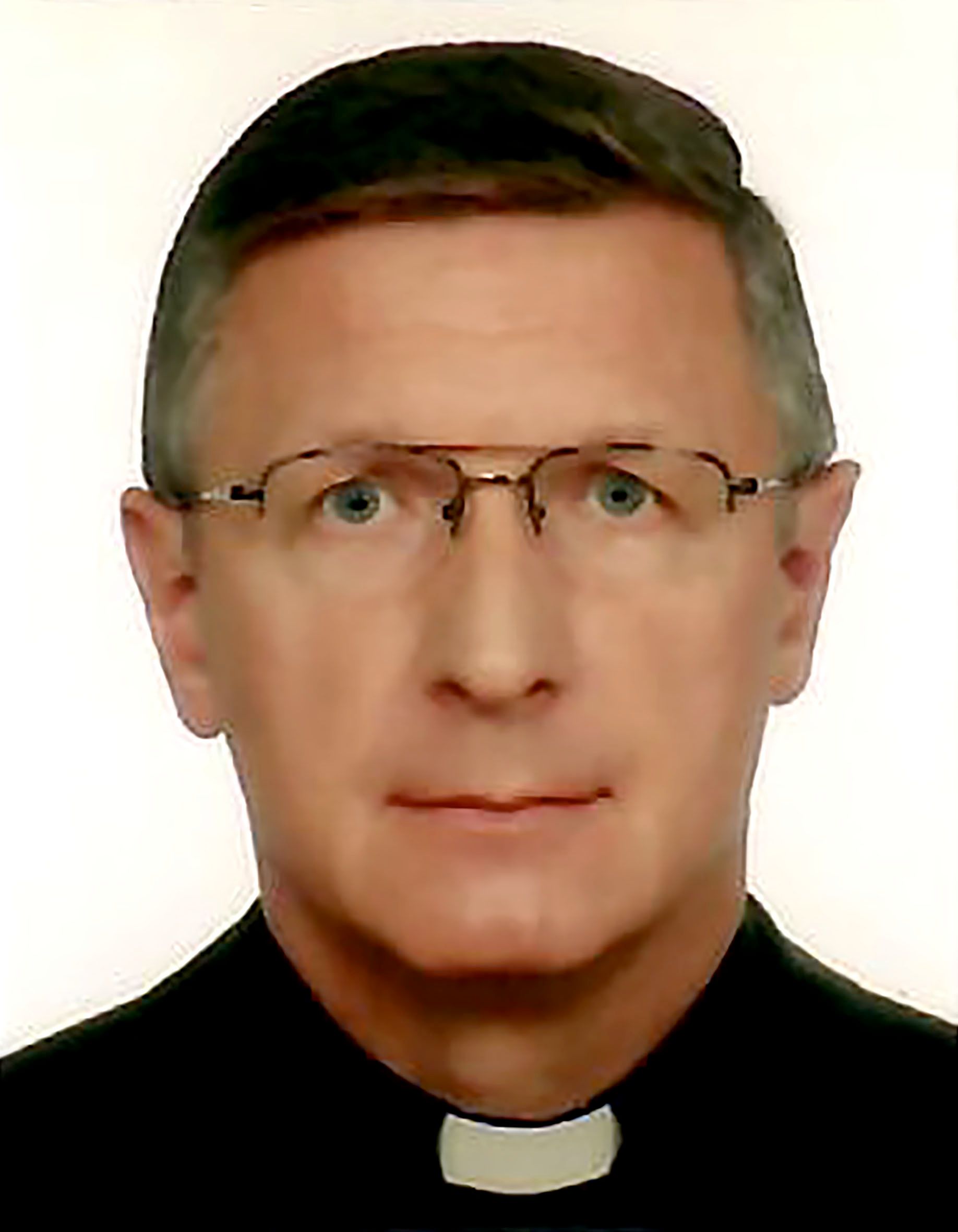 Man wearing glasses and clerical collar, looking at the camera.
