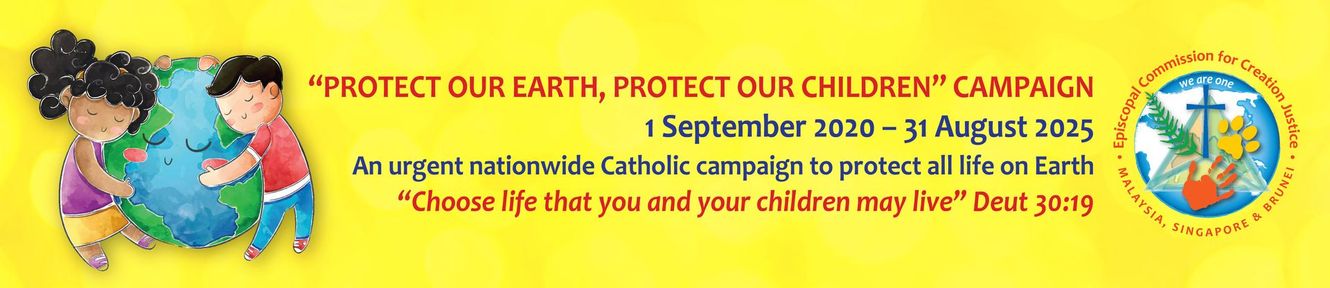 Children embracing a globe, campaign banner: 