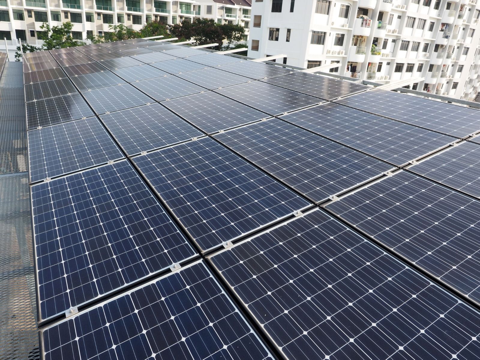 Solar panels installed on a rooftop in front of a white building.