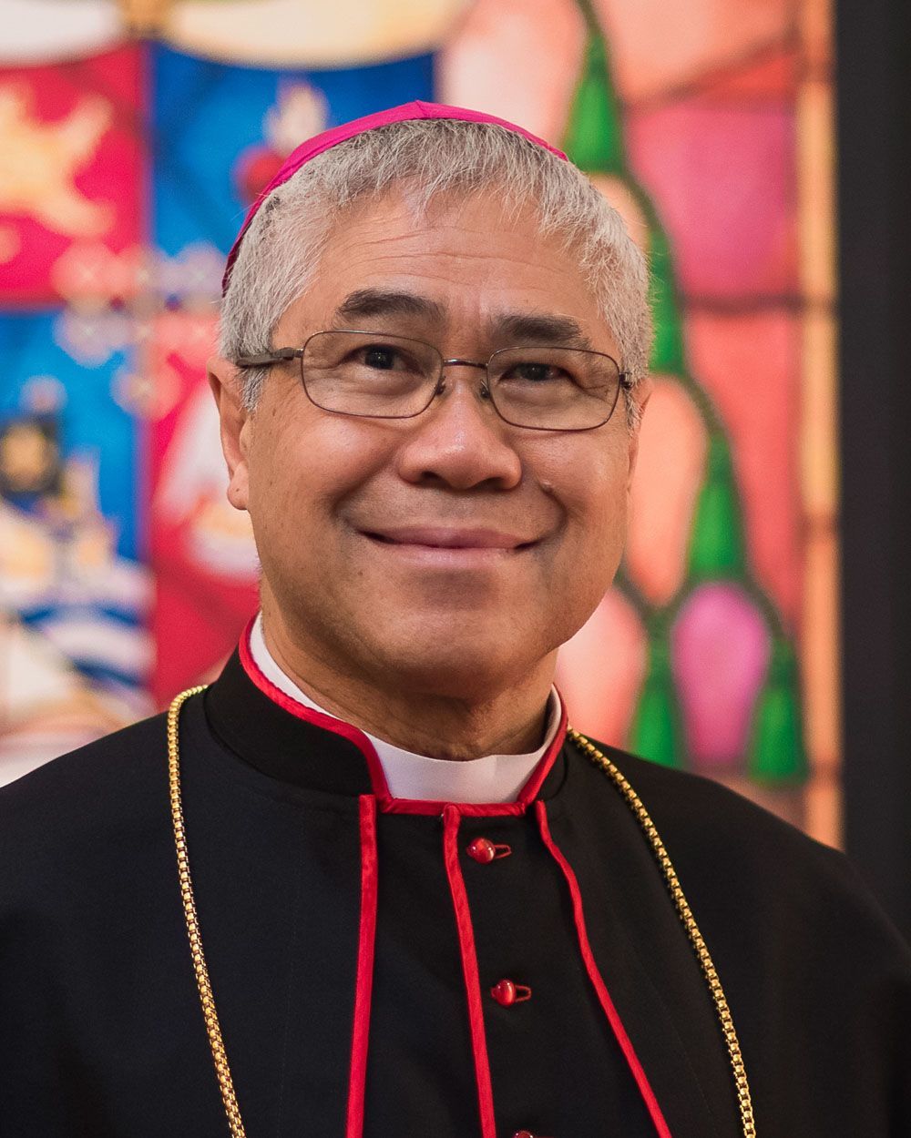 Bishop in black vestments with red trim, glasses, smiling.