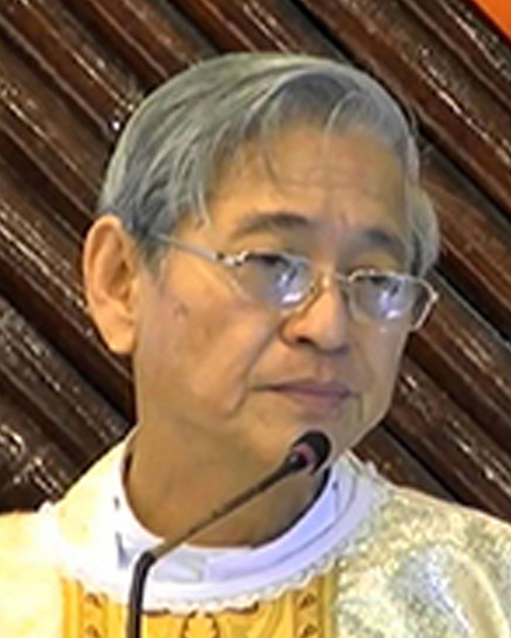 Man with glasses and gray hair speaking at a microphone, wearing a religious collar and vestments.