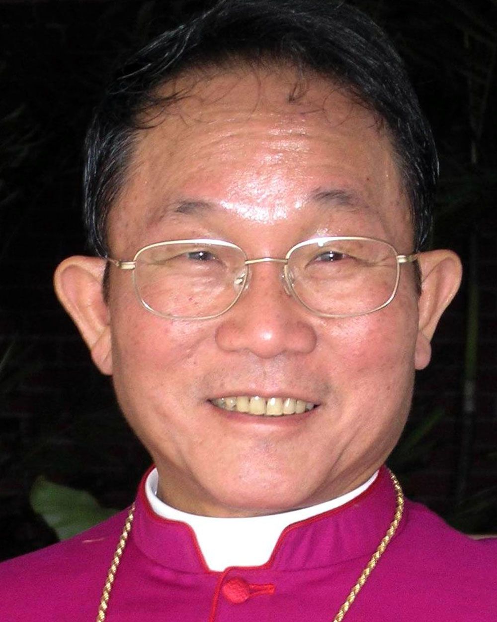 Bishop with glasses, smiling, wearing a pink clerical shirt.
