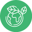 White outline of Earth with leaves, set in a green circle, representing environmental sustainability.