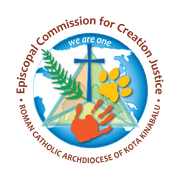 Logo of the Roman Catholic Archdiocese of Kota Kinabalu: globe, cross, palm frond, paw print, handprint, and text.