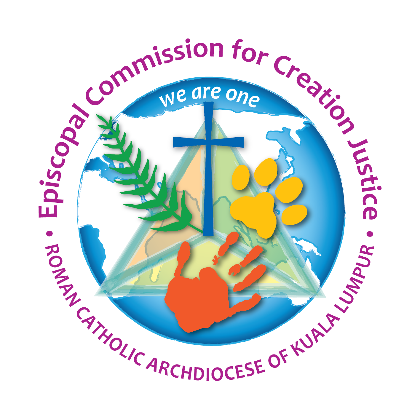 Logo for Roman Catholic Archdiocese of Kuala Lumpur: cross, handprint, paw print, globe, and text.