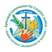 Logo of the Roman Catholic Archdiocese of Kuching featuring a globe, cross, handprint, and paw print.