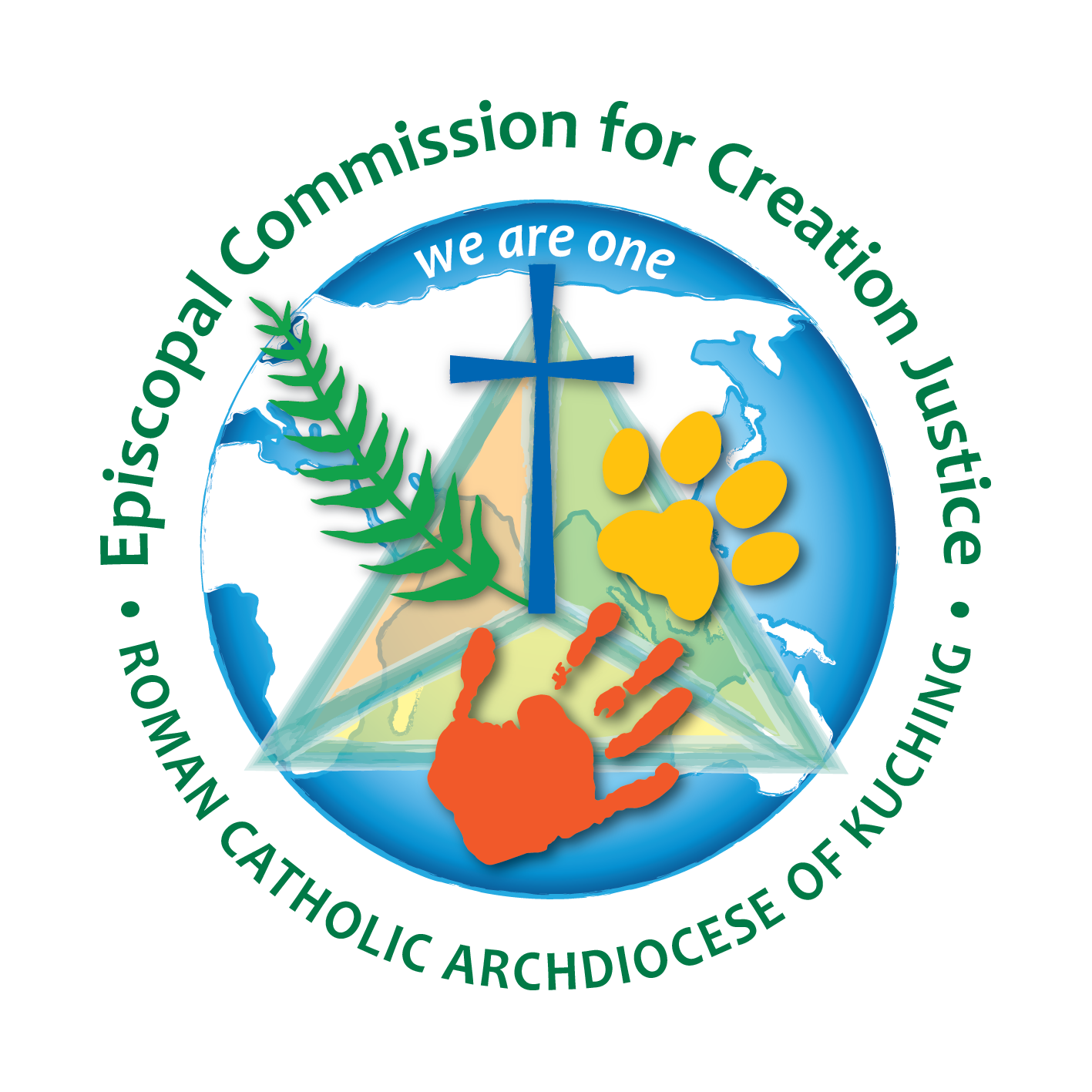 Logo of the Roman Catholic Archdiocese of Kuching featuring a globe, cross, handprint, and paw print.
