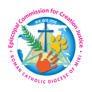 Logo: Roman Catholic Diocese of Miri, Episcopal Commission for Creation Justice, globe, handprint, cross, paw print.