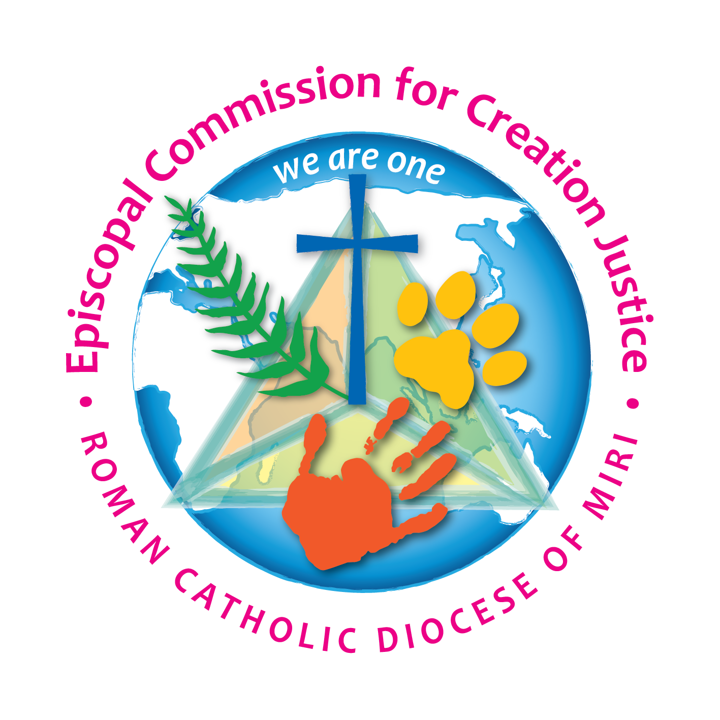 Logo: Roman Catholic Diocese of Miri, Episcopal Commission for Creation Justice, globe, handprint, cross, paw print.