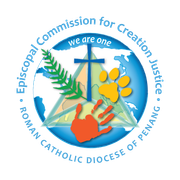 Logo: Roman Catholic Diocese of Penang, Episcopal Commission for Creation Justice. Globe, cross, paw print, handprint, fern.