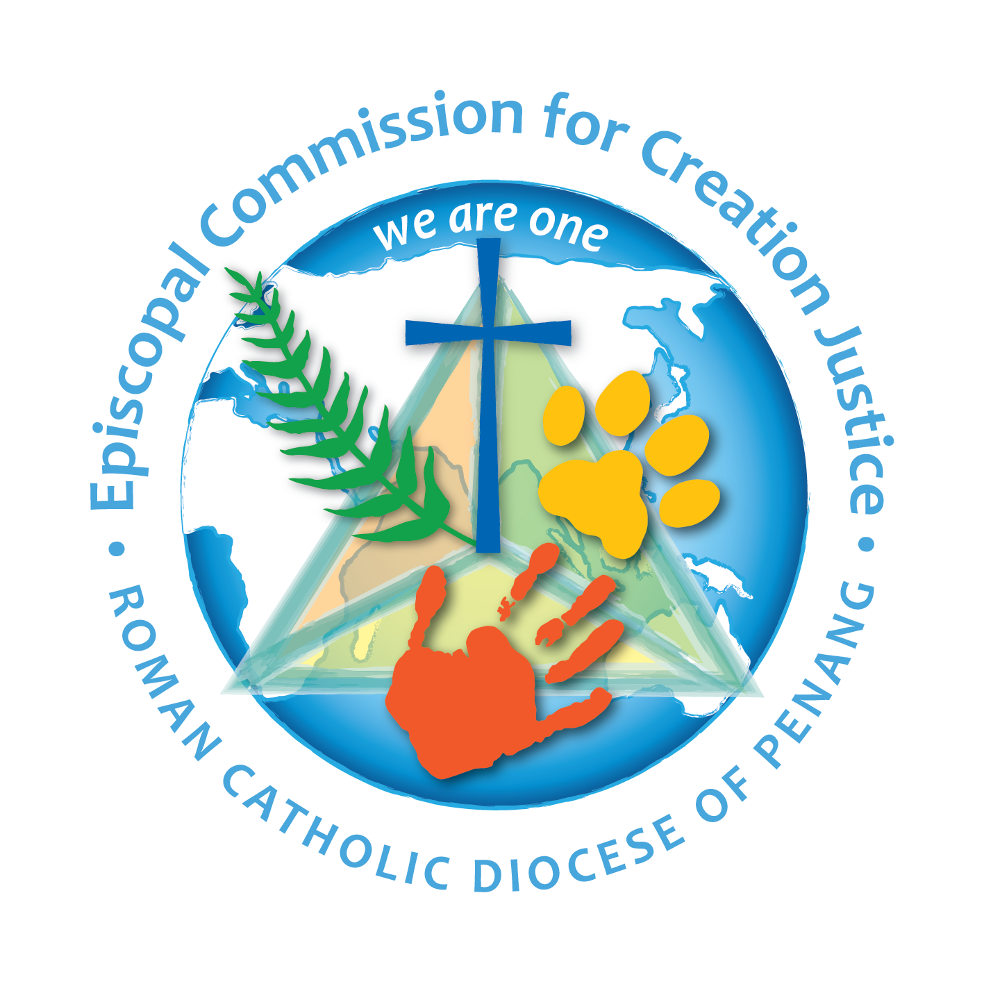 Logo: Roman Catholic Diocese of Penang, Episcopal Commission for Creation Justice. Globe, cross, paw print, handprint, fern.
