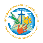 Logo of the Episcopal Commission for Creation Justice: globe, cross, handprint, paw print, fern, triangle.
