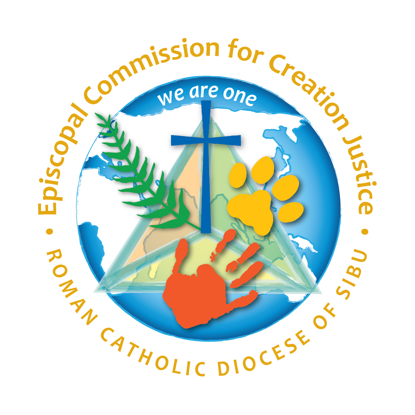Logo of the Episcopal Commission for Creation Justice: globe, cross, handprint, paw print, fern, triangle.