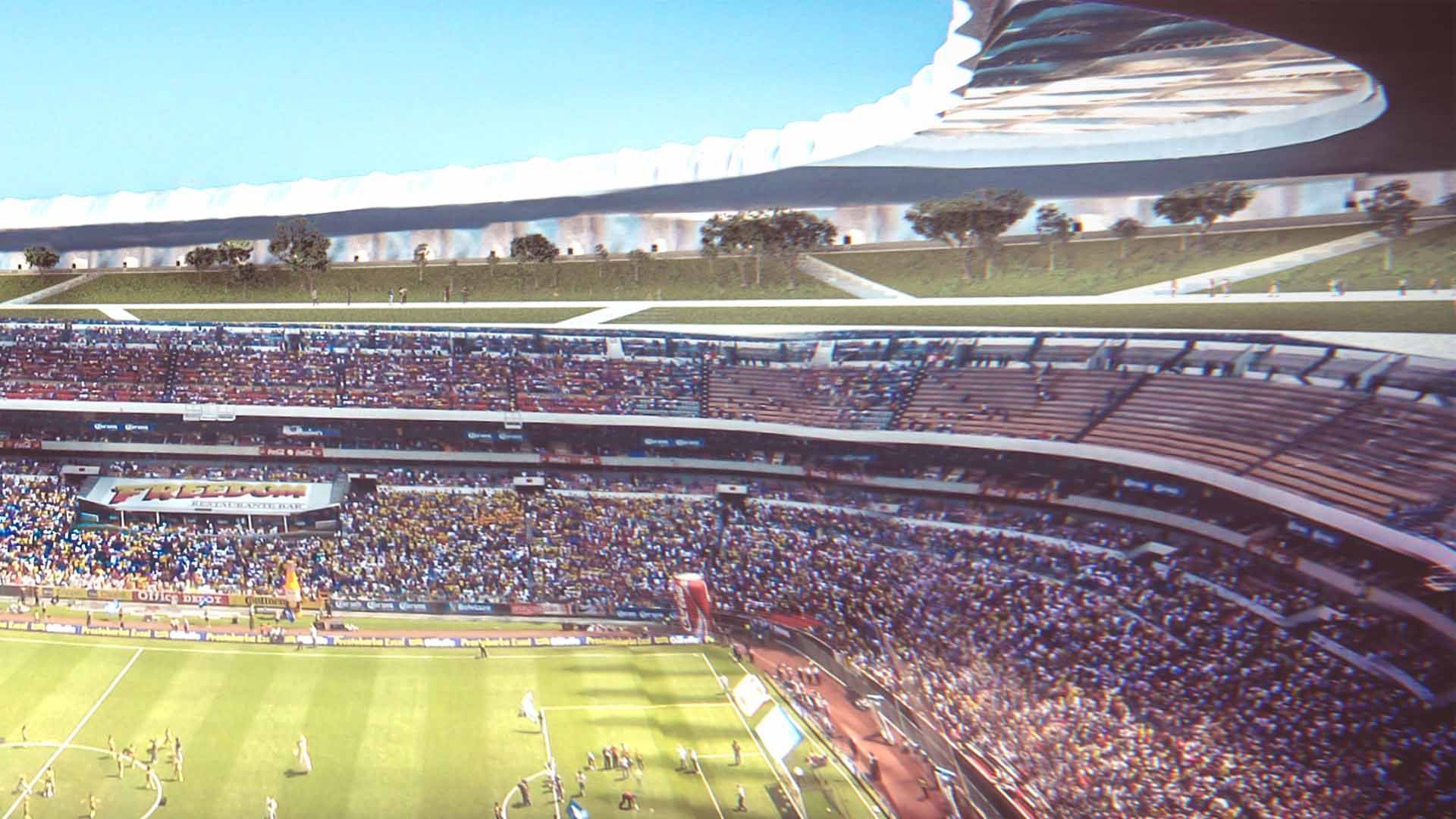 vista interior del estadio azteca con propuesta de cubierta y graderías durante evento deportivo