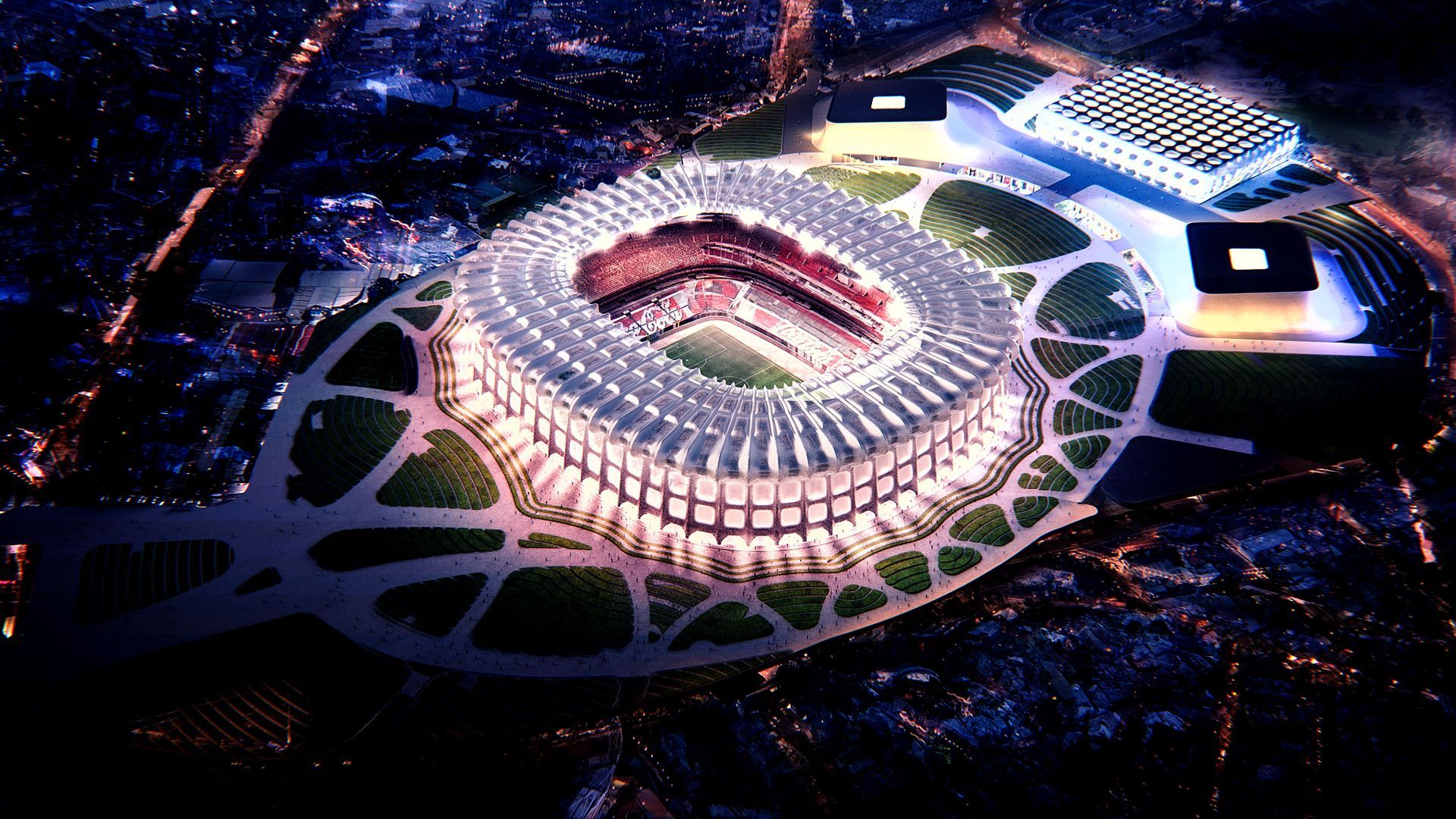 vista aérea nocturna del estadio azteca remodelado 