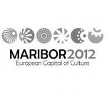 Logotipo de Maribor 2012 Capital Europea de la Cultura con iconos circulares grises y texto.