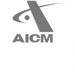 Logotipo de AICM con un ojo estilizado y una forma diagonal gris sobre las letras AICM.