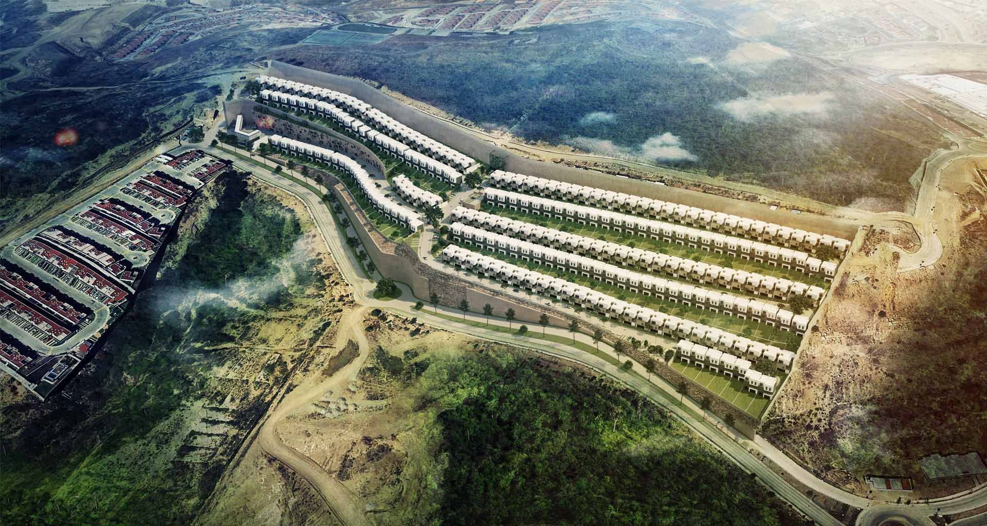 Vista aérea del proyecto residencial Moncayo Masterplan diseñado por ICONICO, integrando principios de arquitectura sustentable. La imagen muestra un desarrollo urbano adaptado a la topografía de un terreno montañoso, con múltiples filas escalonadas de viviendas blancas modernas, calles curvas, muros de contención y áreas verdes que respetan y se integran al relieve natural del paisaje circundante.