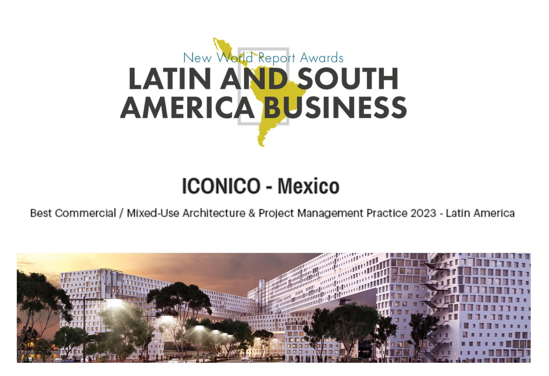 Diapositiva del premio de negocios de Latinoamérica para ICONICO, México, con una imagen de un paisaje urbano en la parte inferior.