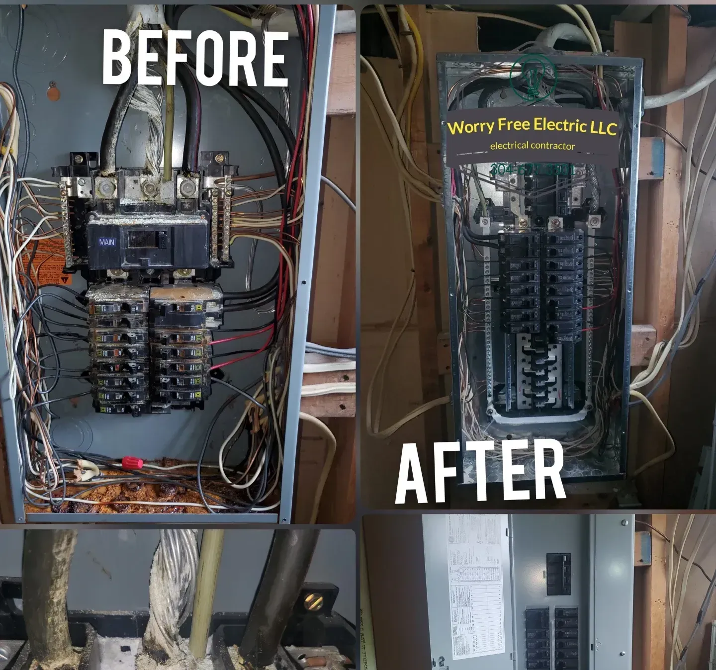 A side-by-side comparison of a cluttered, weathered electrical panel and a clean, professionally upgraded panel.