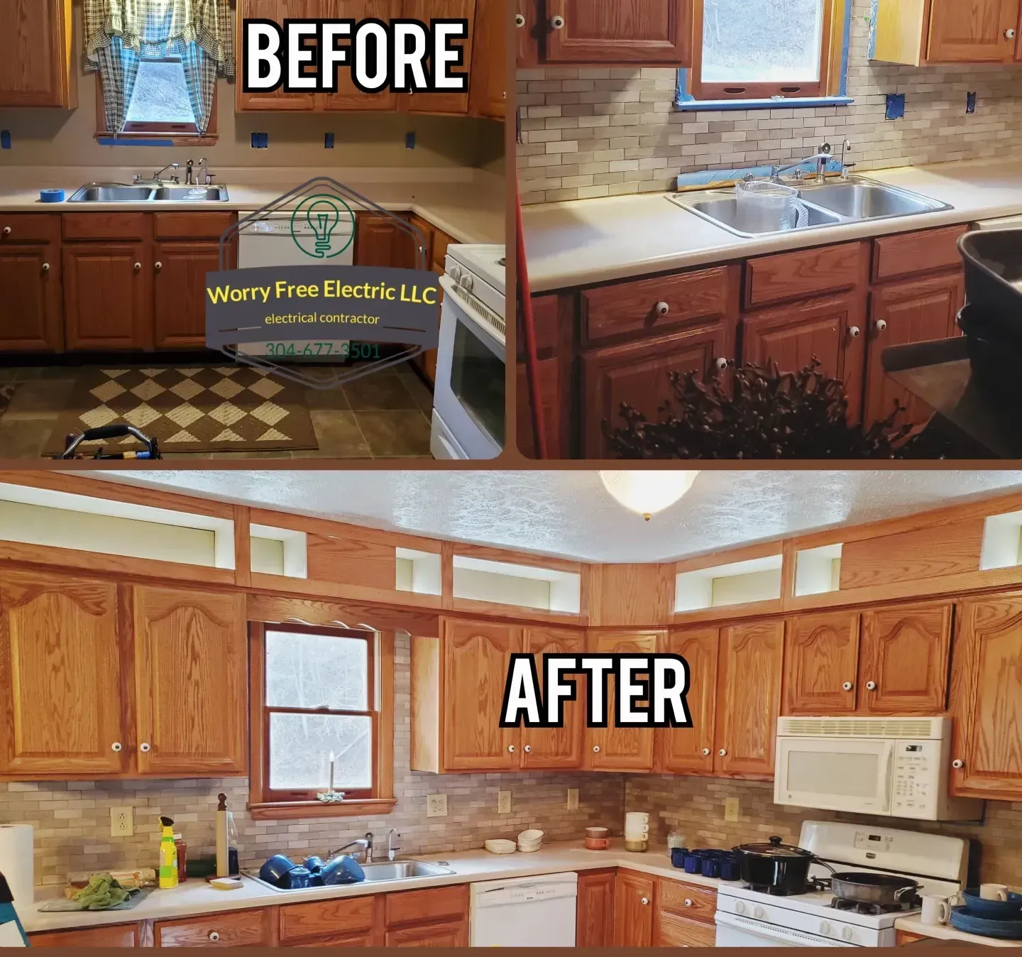 A before-and-after comparison of a kitchen renovation featuring new stone backsplash and decorative upper cabinetry.