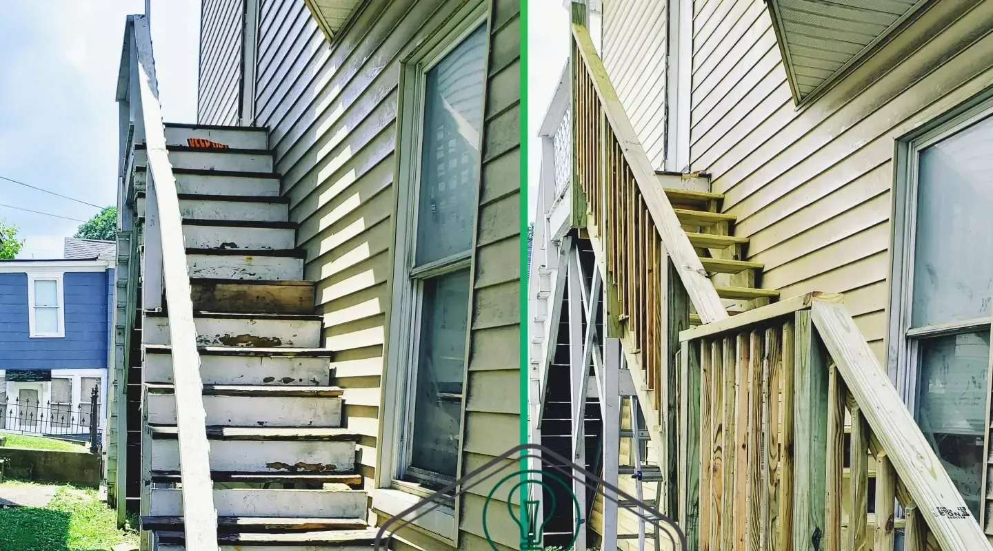 A side-by-side comparison of a home's exterior staircase, showing a weathered set of stairs replaced with new wood.