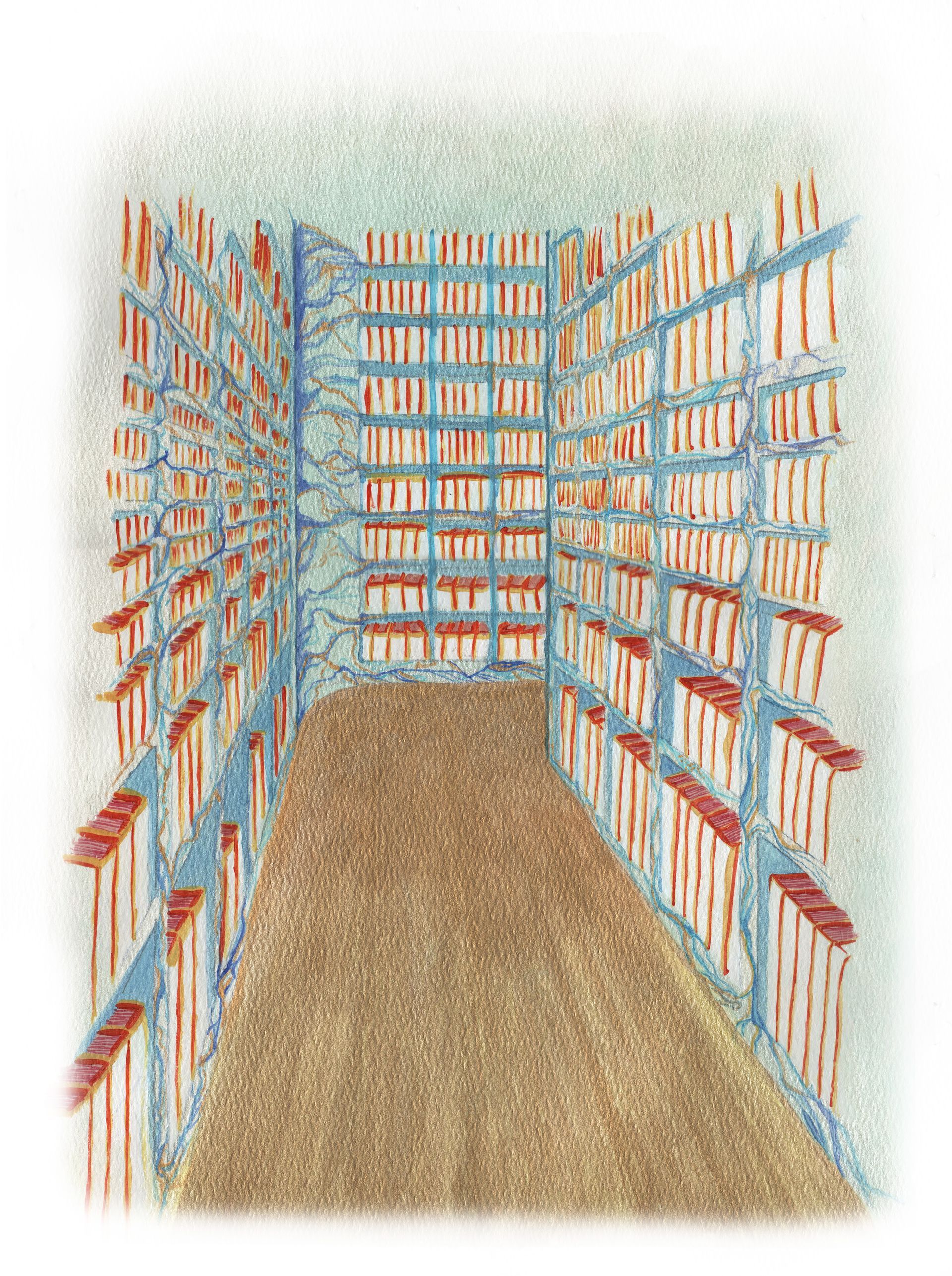Narrow library aisle with tall bookshelves on both sides and a carpeted floor, receding to the back wall