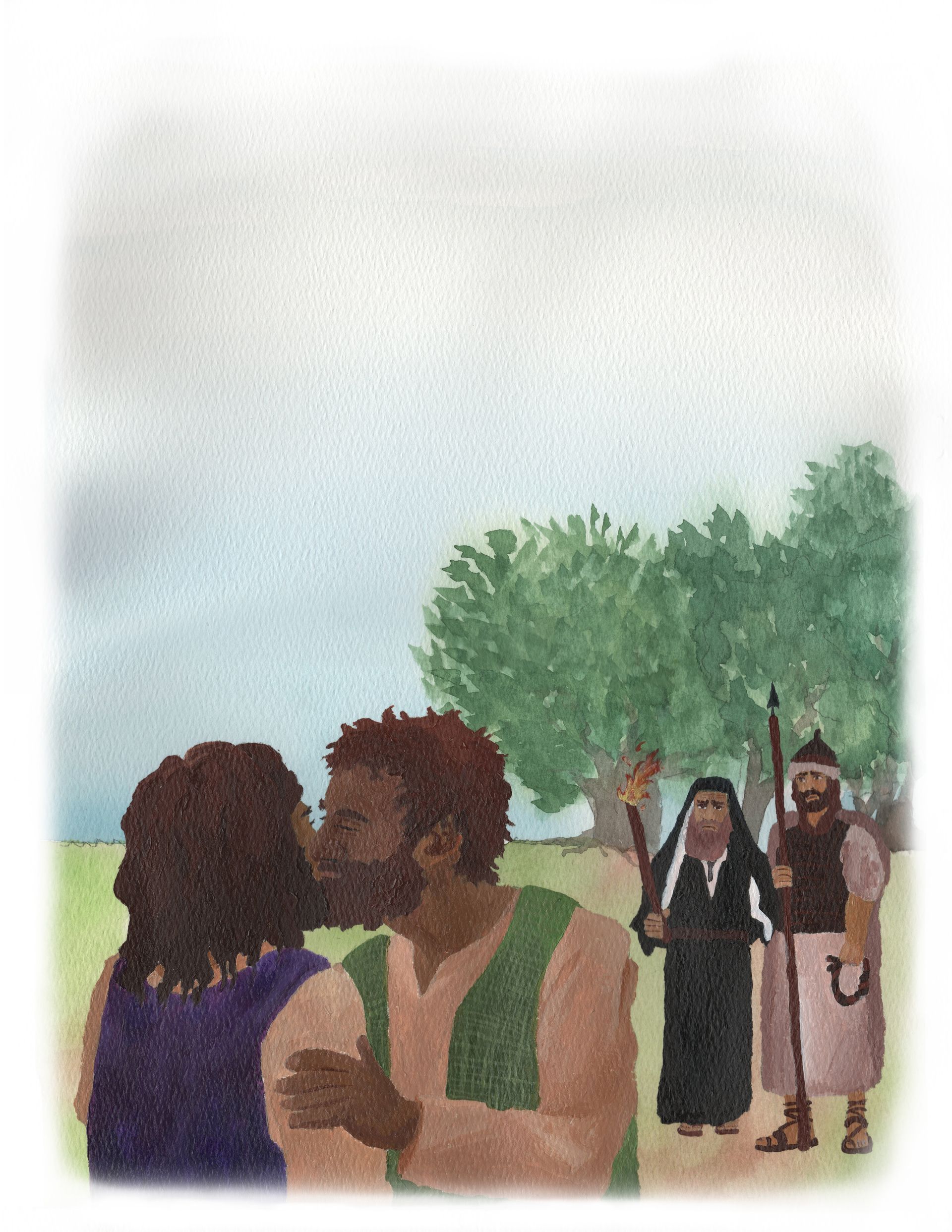 People standing outdoors near trees, with two figures in the foreground and others in the background holding raised hands.