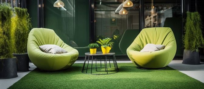 Two lime green, bowl-shaped armchairs sit on artificial grass facing a small table with potted plants.