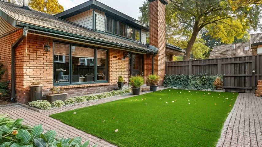 A brick house with a dark roof and large windows overlooks a rectangular artificial turf lawn surrounded by paver paths.