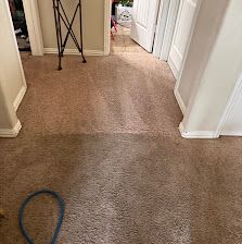 Carpeted hallway with a tripod in the distance and a blue cord on the floor
