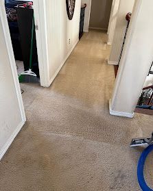 Carpeted hallway with open doorways and a blue vacuum hose on the floor.