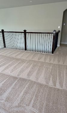 Carpeted upstairs landing with black railing overlooking the floor below