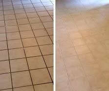 Side-by-side photo of beige tiled floor: left clean, right stained and discolored.