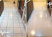 Before-and-after hallway floor: dull tiled floor on left, shiny cleaned floor on right.
