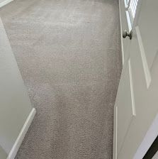 Carpeted hallway with a white door and handrail on the right