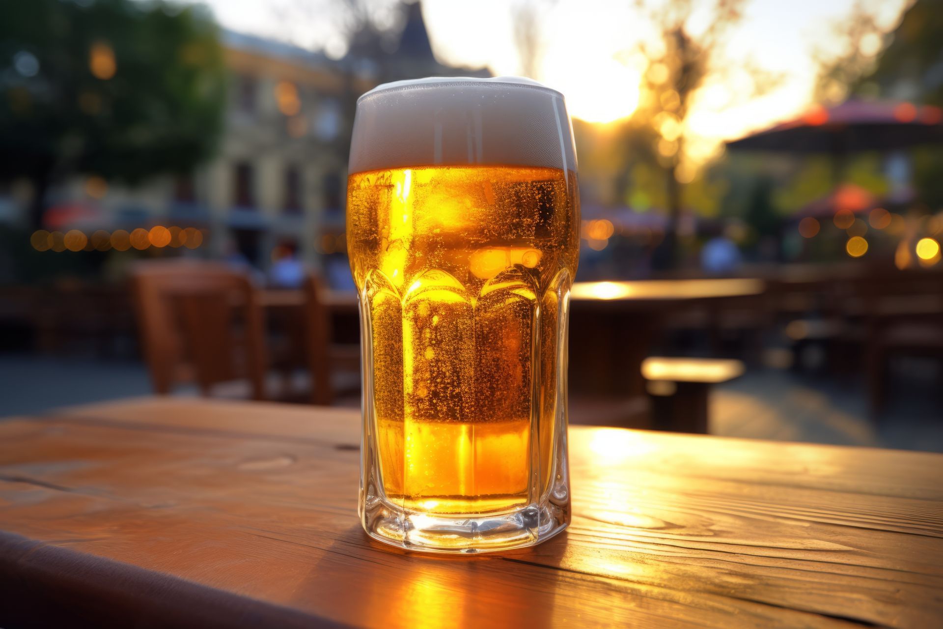 Glass of beer on a wooden table outdoors, backlit by the setting sun.