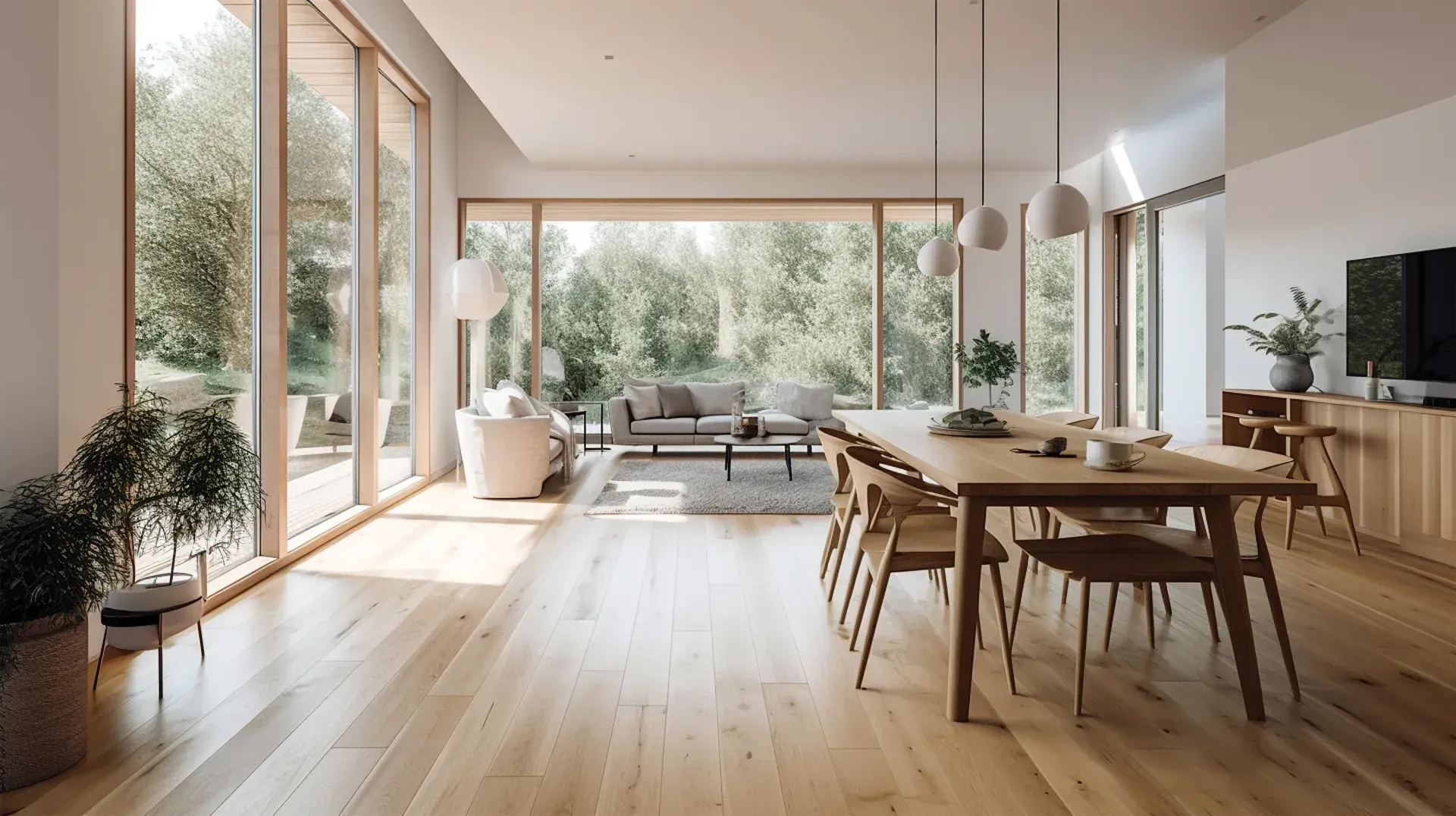 A living room with a dining table and chairs and a large window.